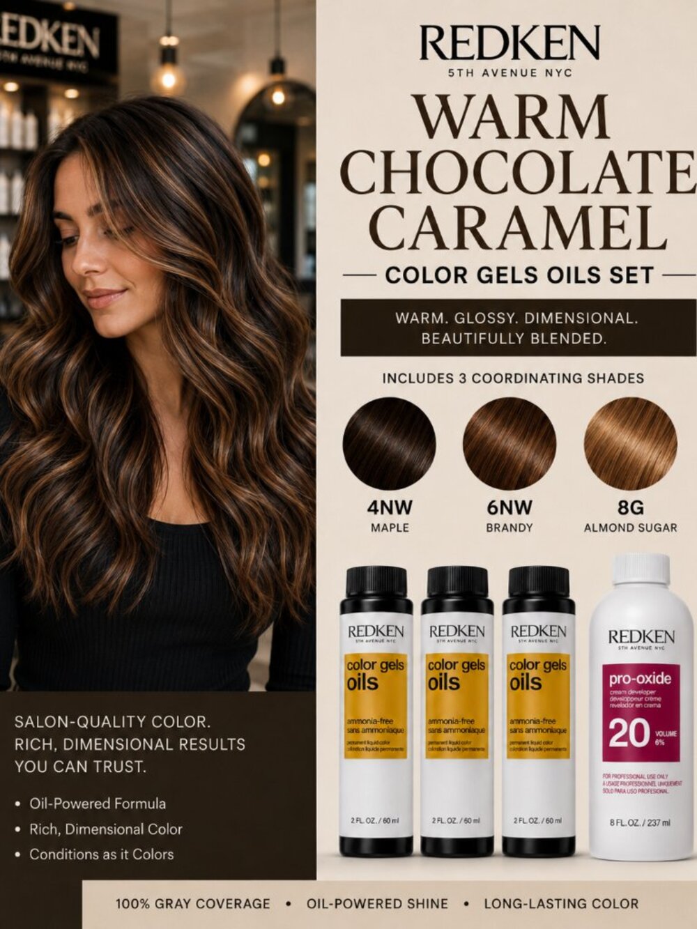 Redken Color Gels Oils Warm Chocolate Caramel Hair Color Kit + 20 Vol Developer